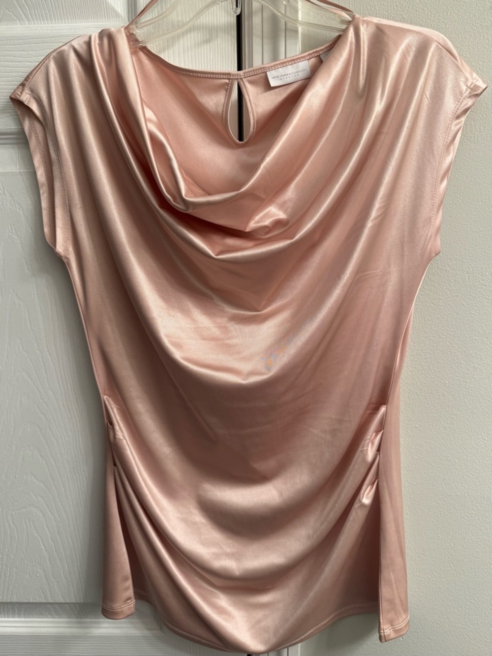 New York & Company Satin Drape Neck Blouse in Rose Gold - Picture 2 of 6